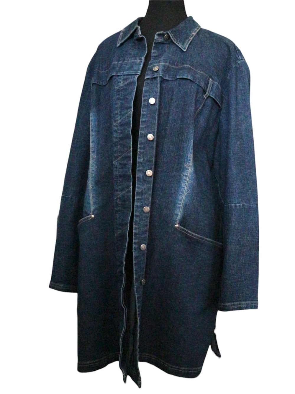 Plus Size Denim Coat Long Western Jean Jacket Stitching Faux Suede Lacing Sz 18